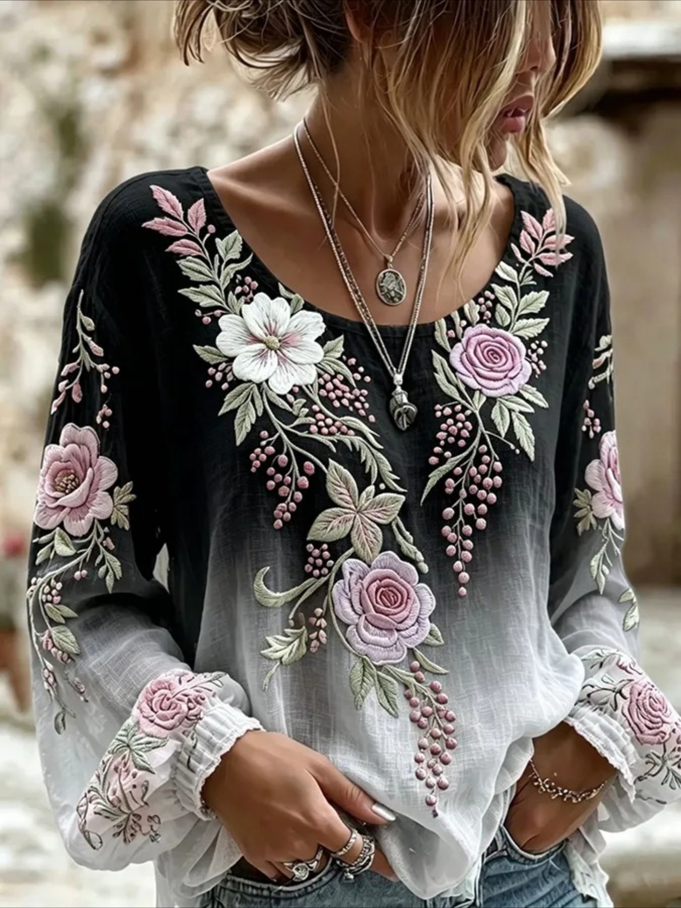 Daisy Floral Crew Neck Long Sleeve Blouse
