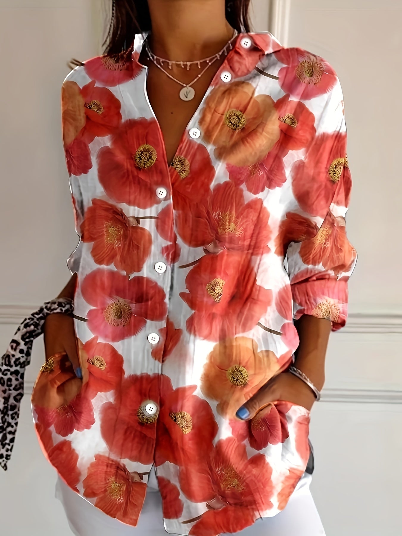 Middle Eastern-Inspired Floral Print Red Poppy Pattern on White Button-Front Placket Blouse