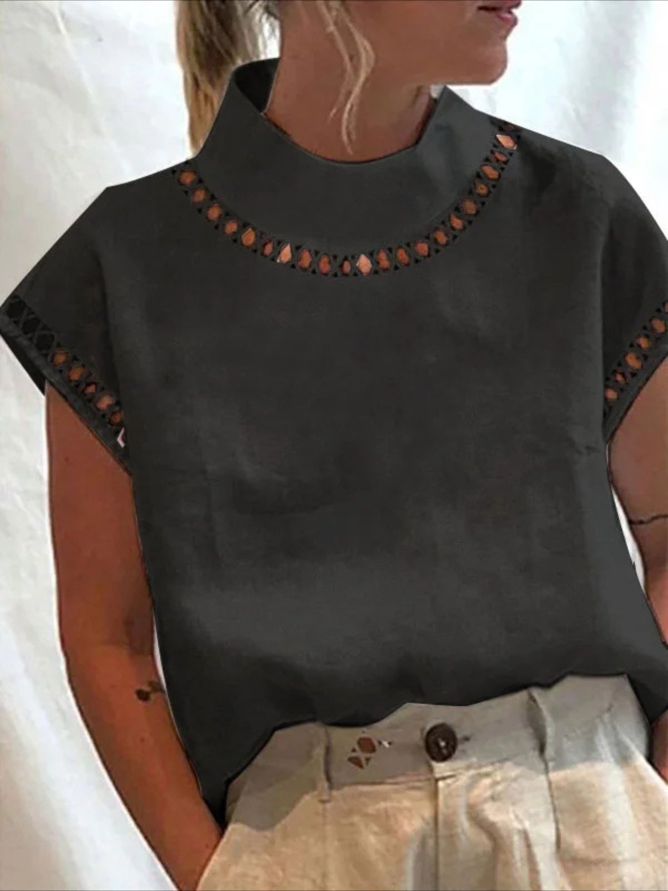 Solid Color Basic Casual Short Sleeve High Neck Regular Tops