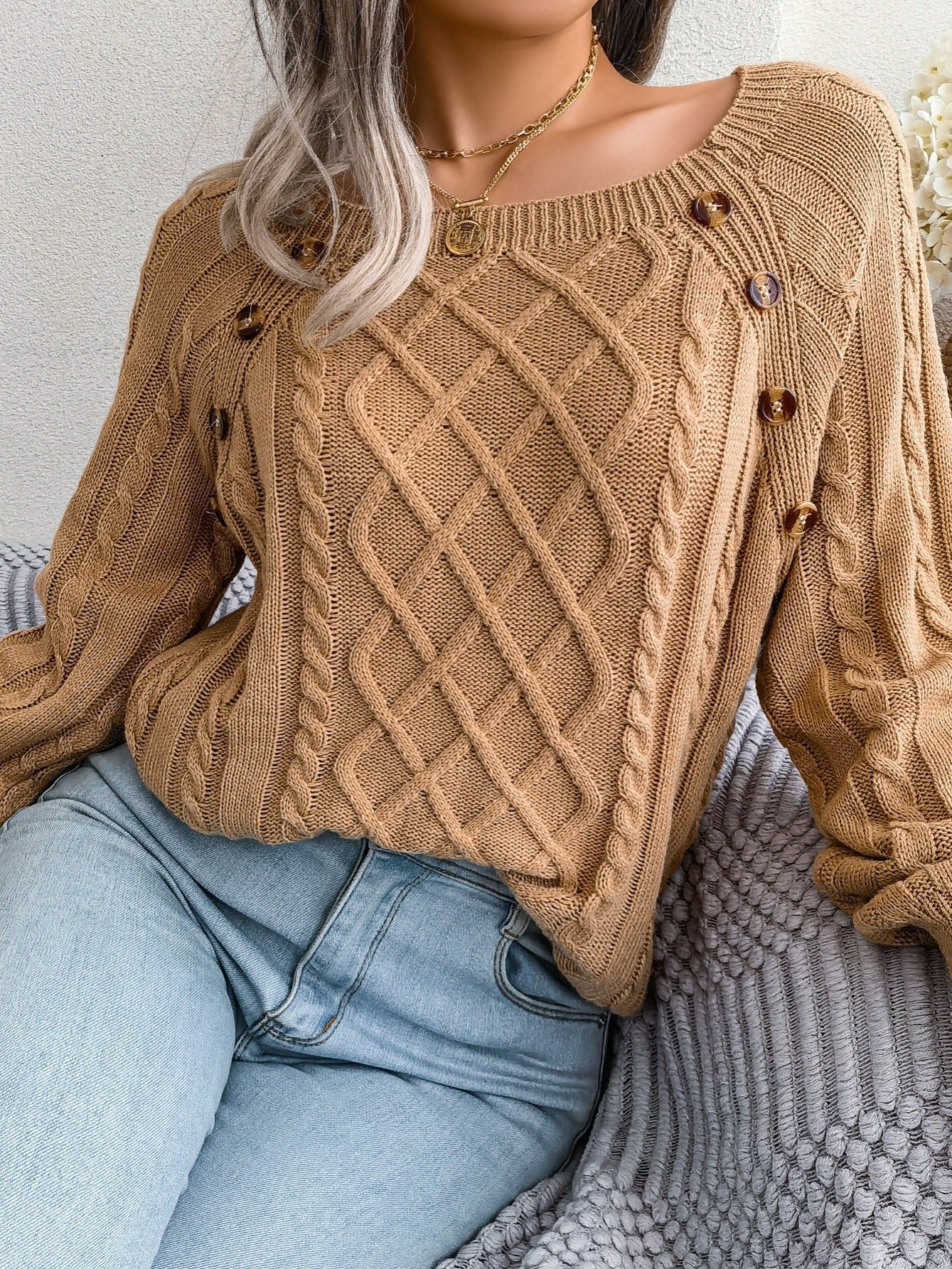 Cozy Women's Sweater with Textured Button Lantern Sleeves