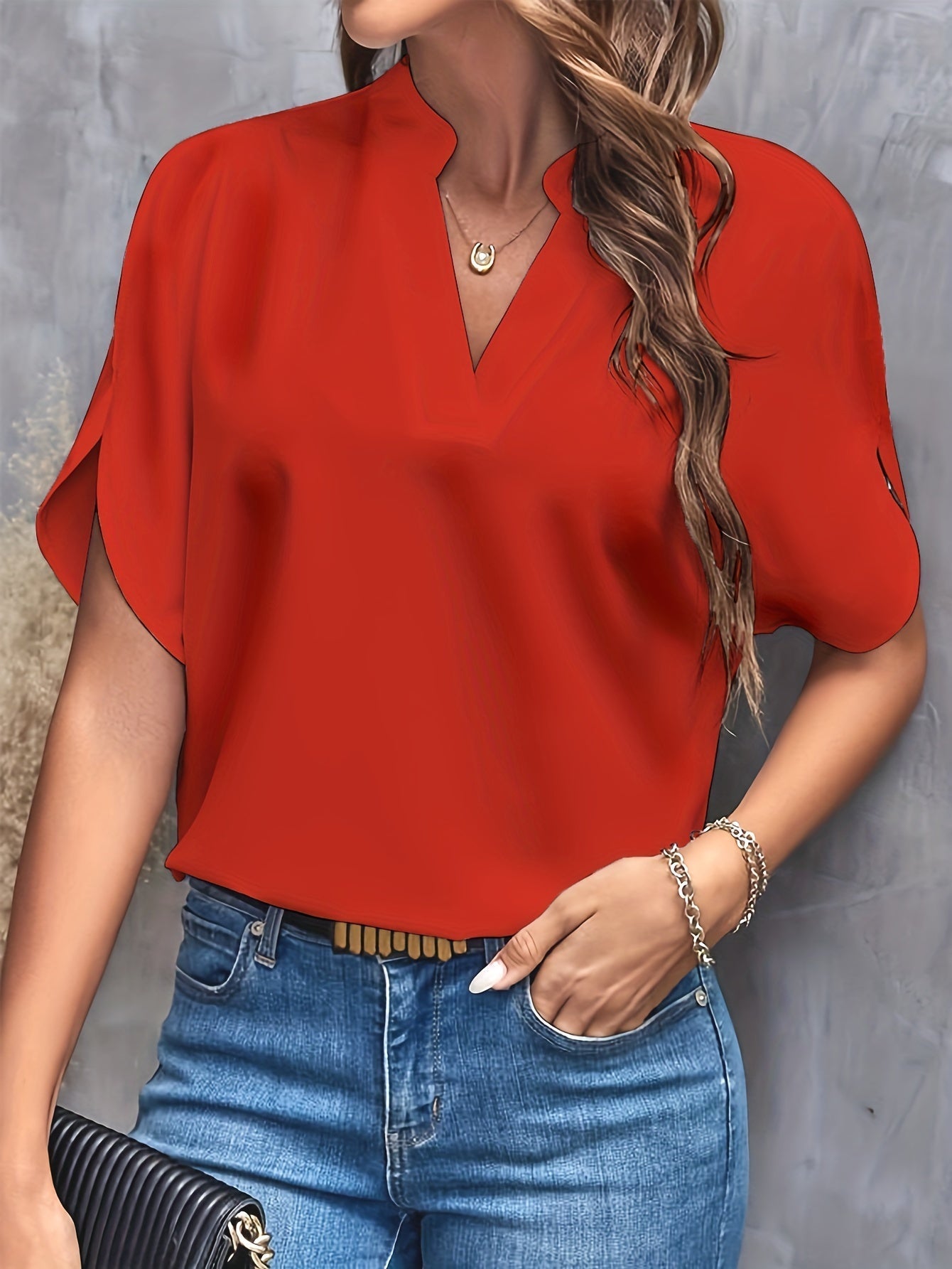 Women's Casual Notch Neck Blouse with Split Sleeves