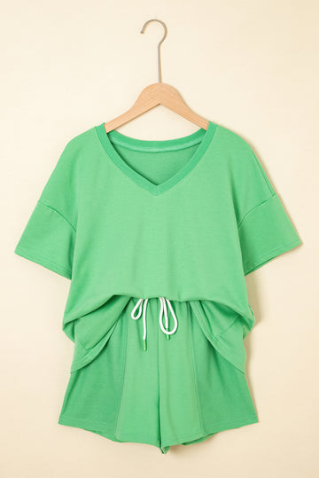 Mint Green V Neck Drop Shoulder Tee and Patchwork Drawstring Shorts Set