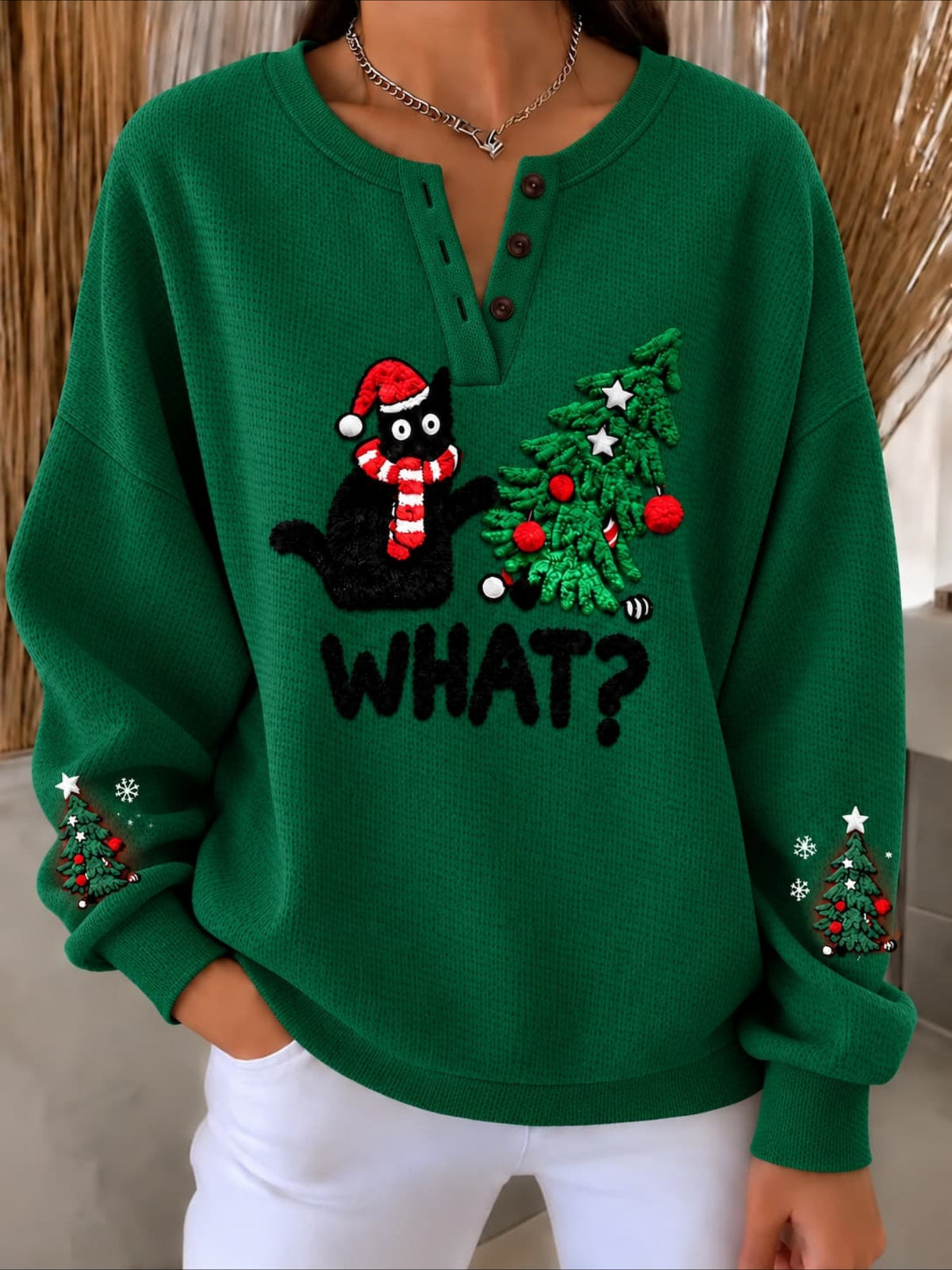 What?” Christmas Cat Textured-Knit Henley Sweatshirt