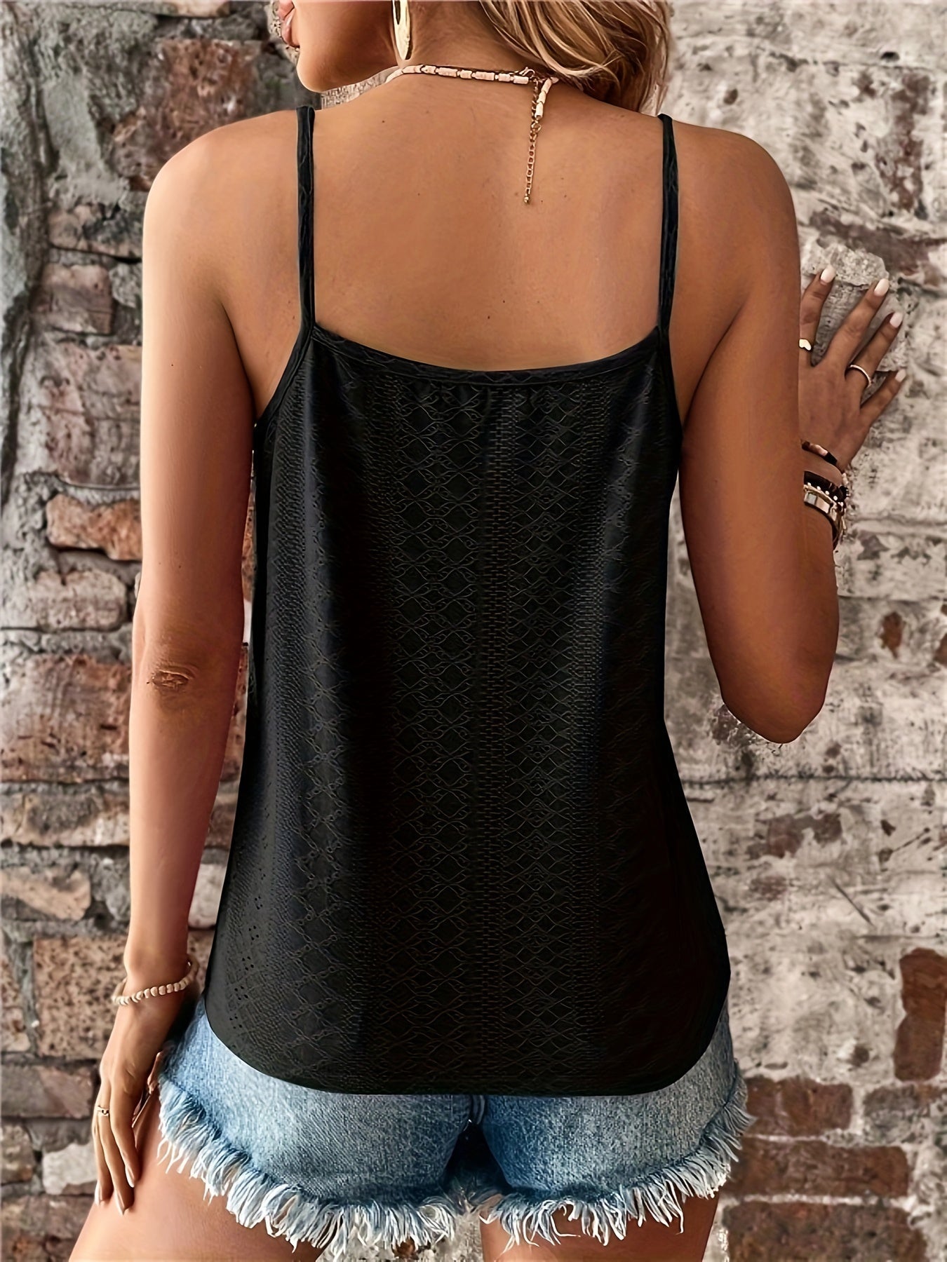 Solid Lace Stitching Eyelet Top, Vintage V-neck Sleeveless Cami Top