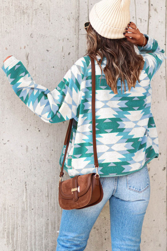Green Geometric Aztec Pattern Plus Size Fleece Jacket