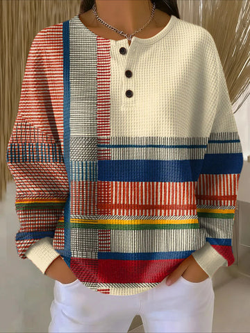 Colorful Ribbed V Neck Braided Print Long Sleeve Regular Sweatshirt