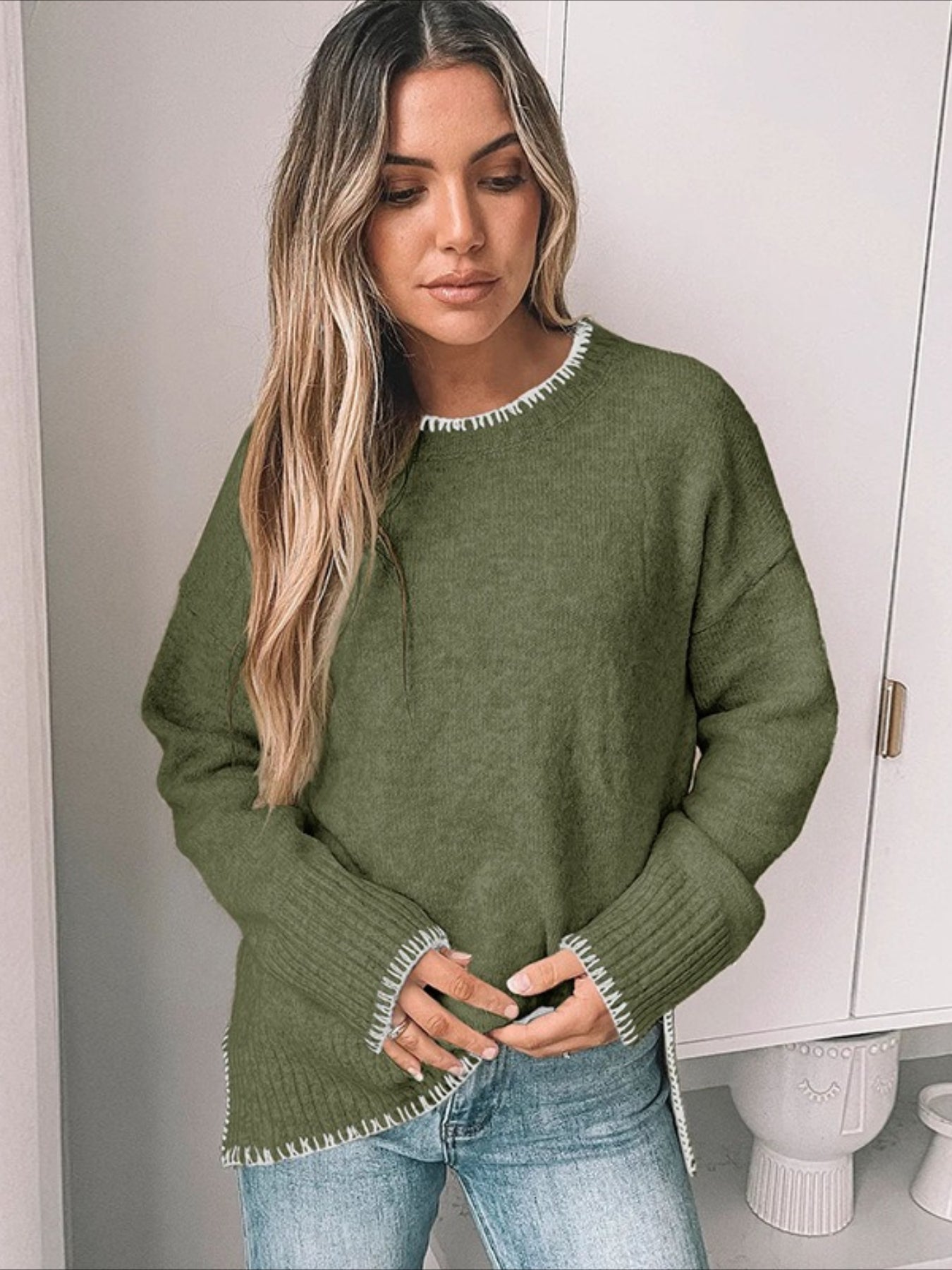 Solid Color Versatile Split-End Pullover Sweater