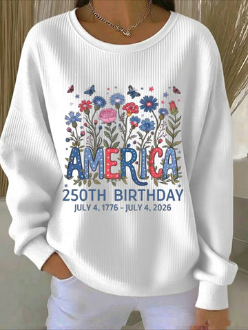 USA 250th Anniversary Printed Crew Neck Floral Long Sleeve Sweater Hoodie