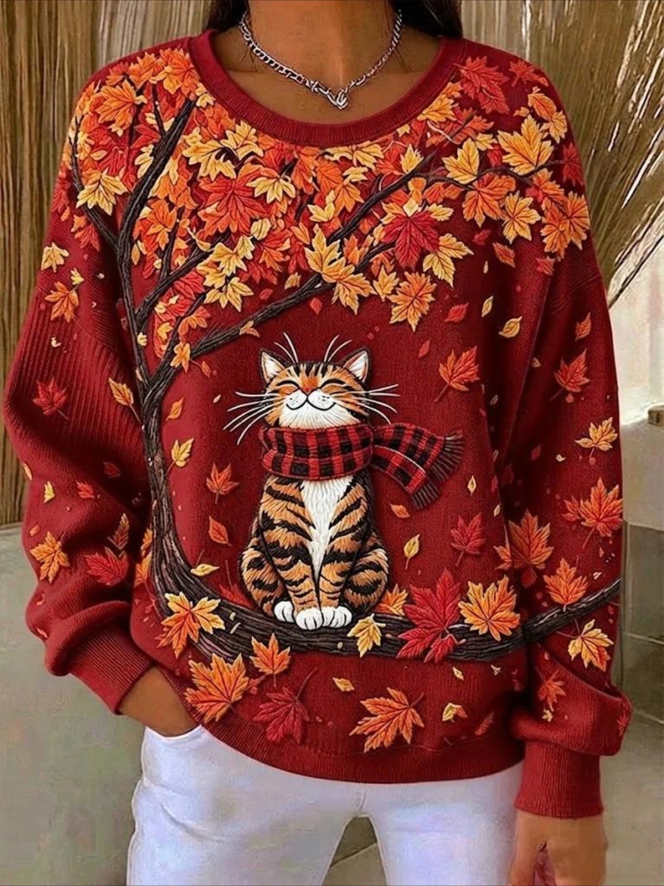 Maple Leaf Printing Crew Neck Floral Long Sleeve Comfy Casual Sweater Tee