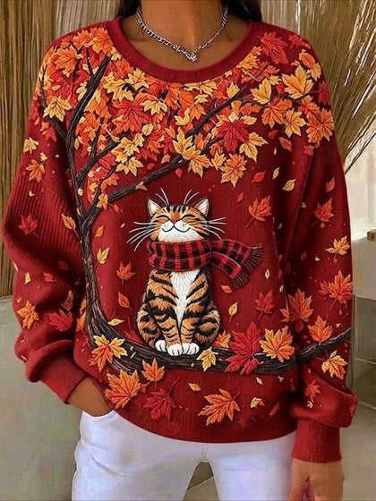 Maple Leaf Printing Crew Neck Floral Long Sleeve Comfy Casual Sweater Tee