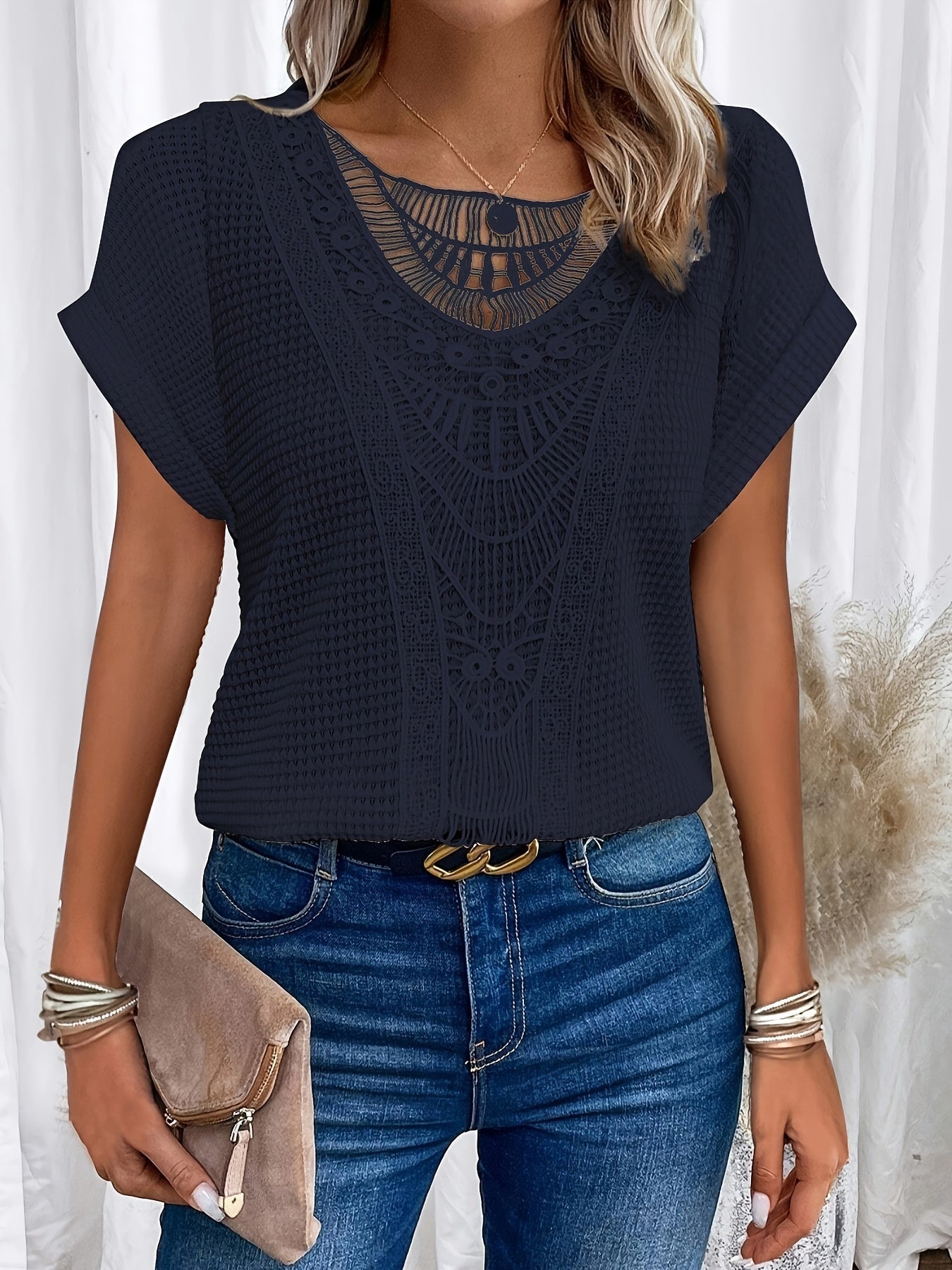 Contrast Lace Crew Neck T-Shirt, Casual Short Sleeve T-Shirt