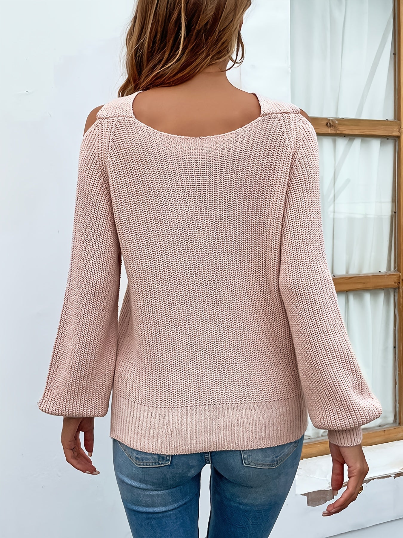 Criss Cross Neck Knitted Sweater, Elegant Cold Shoulder Long Sleeve Sweater