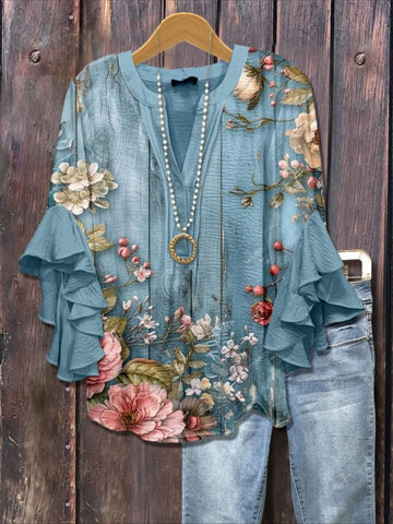 Floral Half Sleeve Shirt Summer Printing V Neck Daily Casual Top