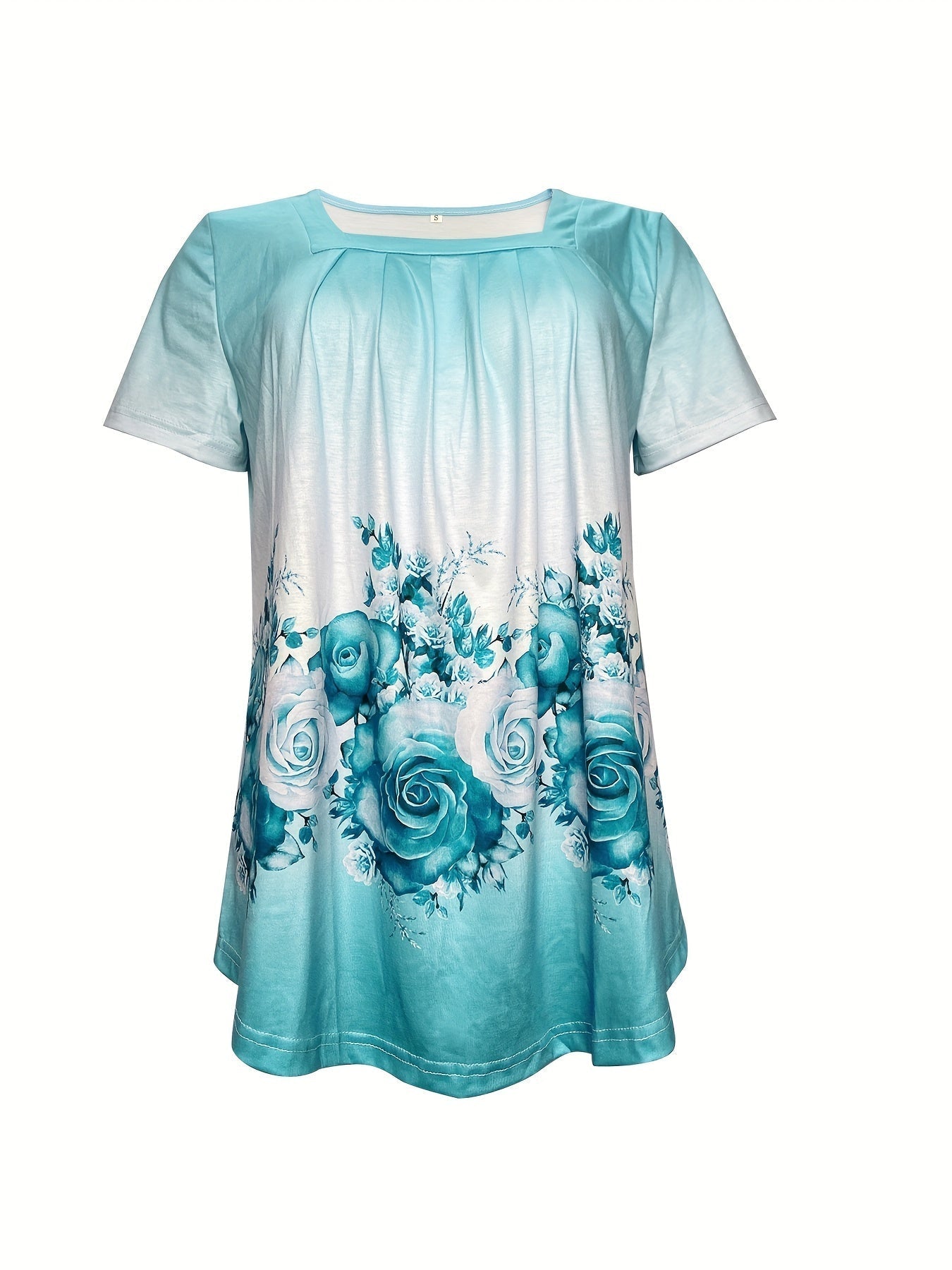 Floral Print T-Shirt, Casual Ombre Square Neck Short Sleeve T-Shirt