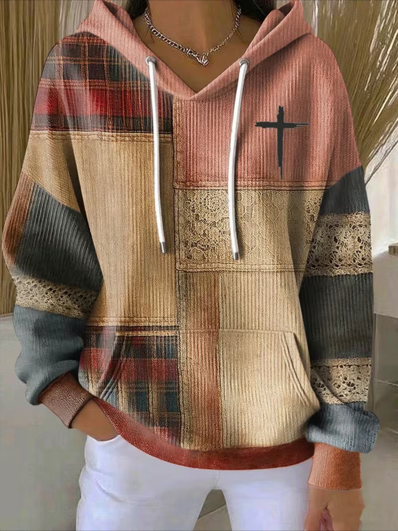 Contrast Stitching Printing Long Sleeve Pullover Hoodie Sweatshirt
