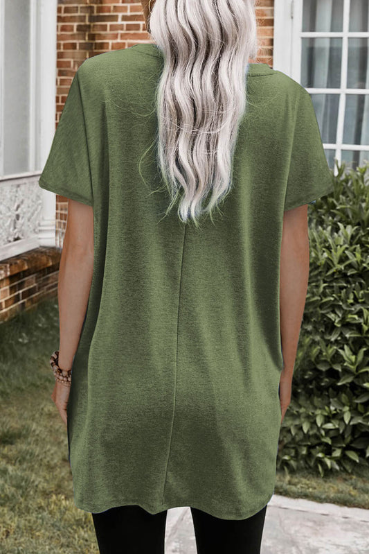 Green Side Pockets Short Sleeve Tunic Top