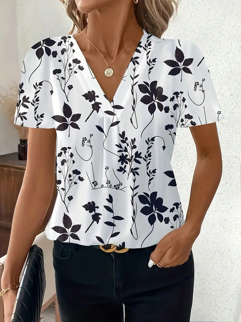 Geometric Flower Pattern Chest Pleats and V-Neck Short Sleeves Shirt