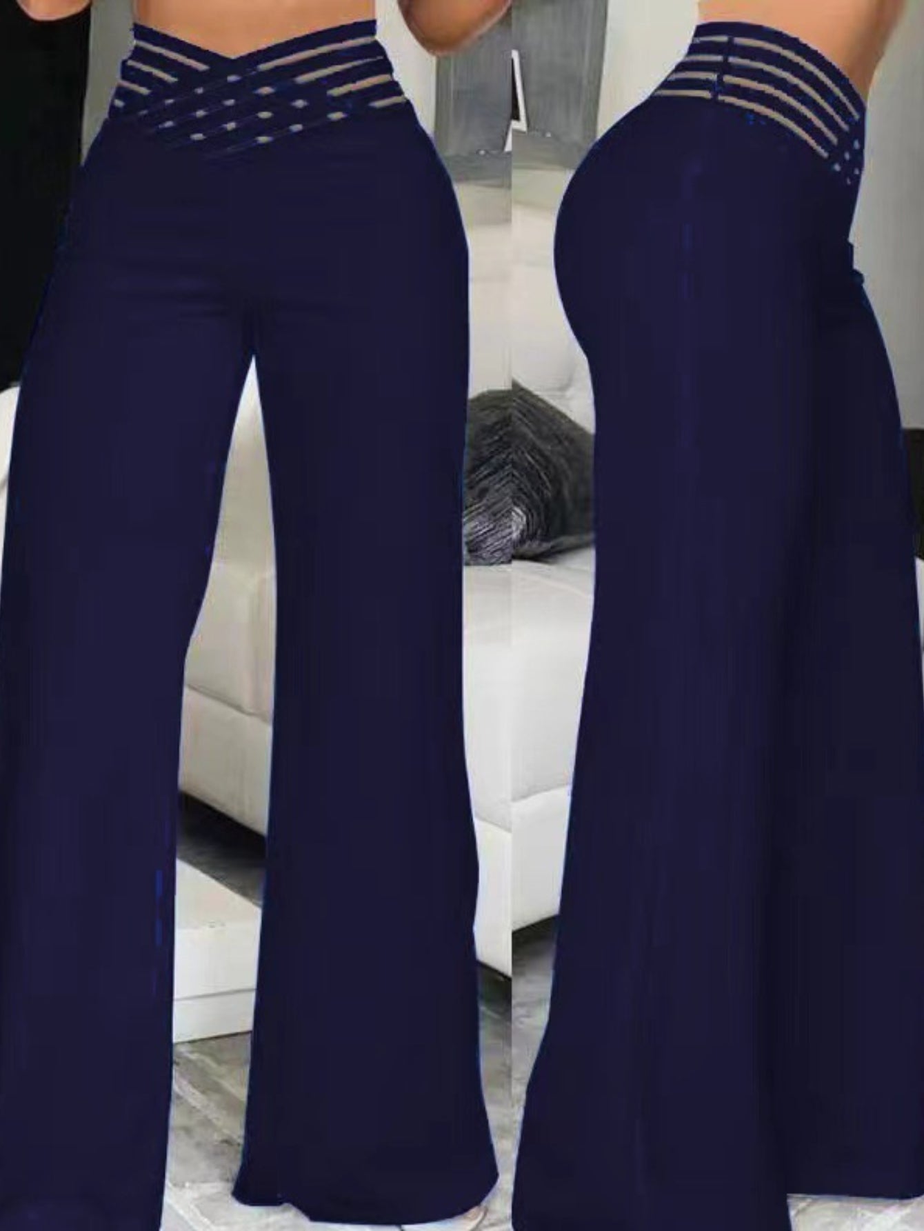 Elegant High-Waist Cross Detail Transparent Mesh Patchwork Pants