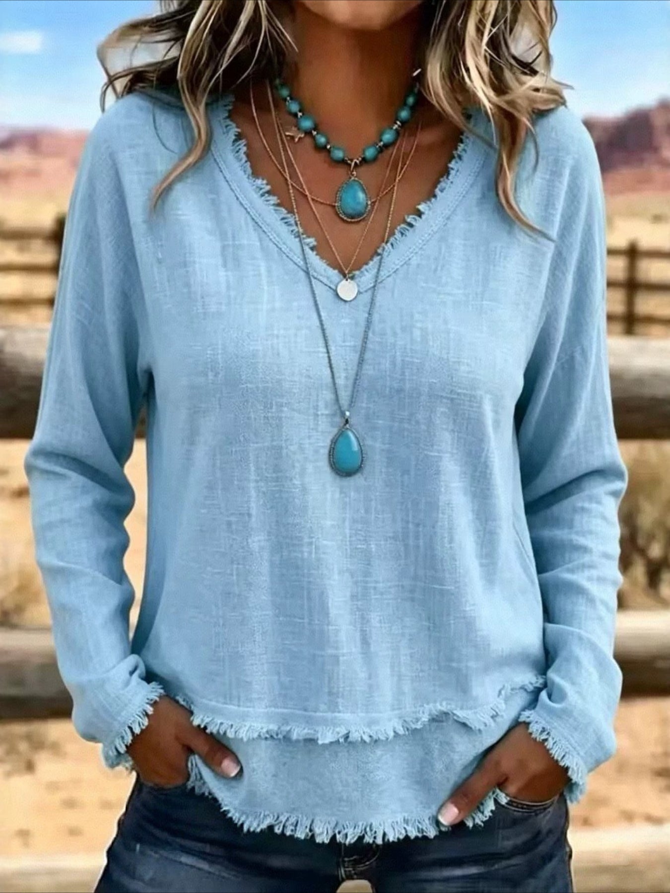 Solid Color Loose V Neck Beard Edge Long Sleeve T-shirt