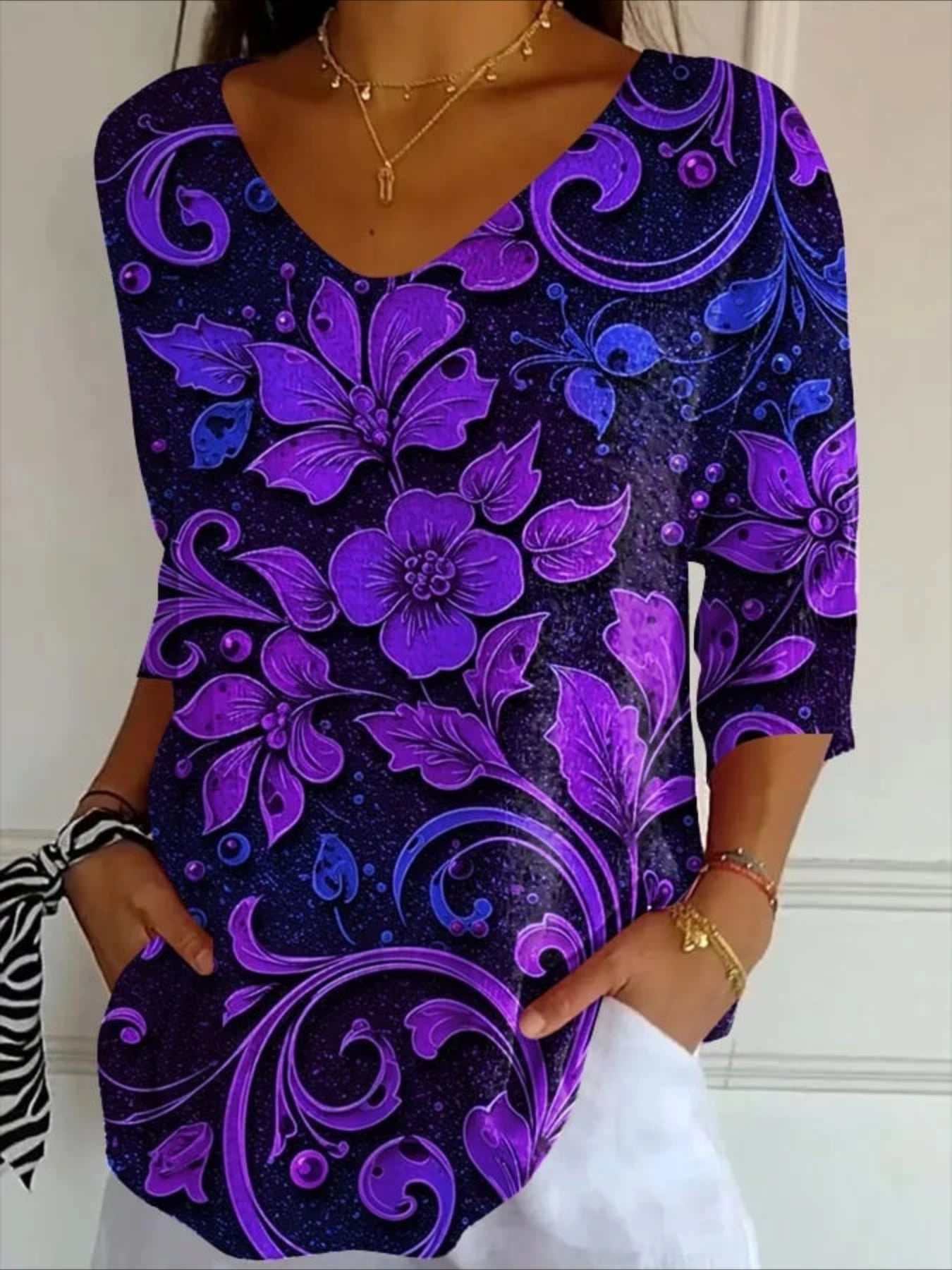 Floral Three Quarter Sleeve Tee T-shirt V Neck Printing Casual Spring/Fall Graphic Tee Top