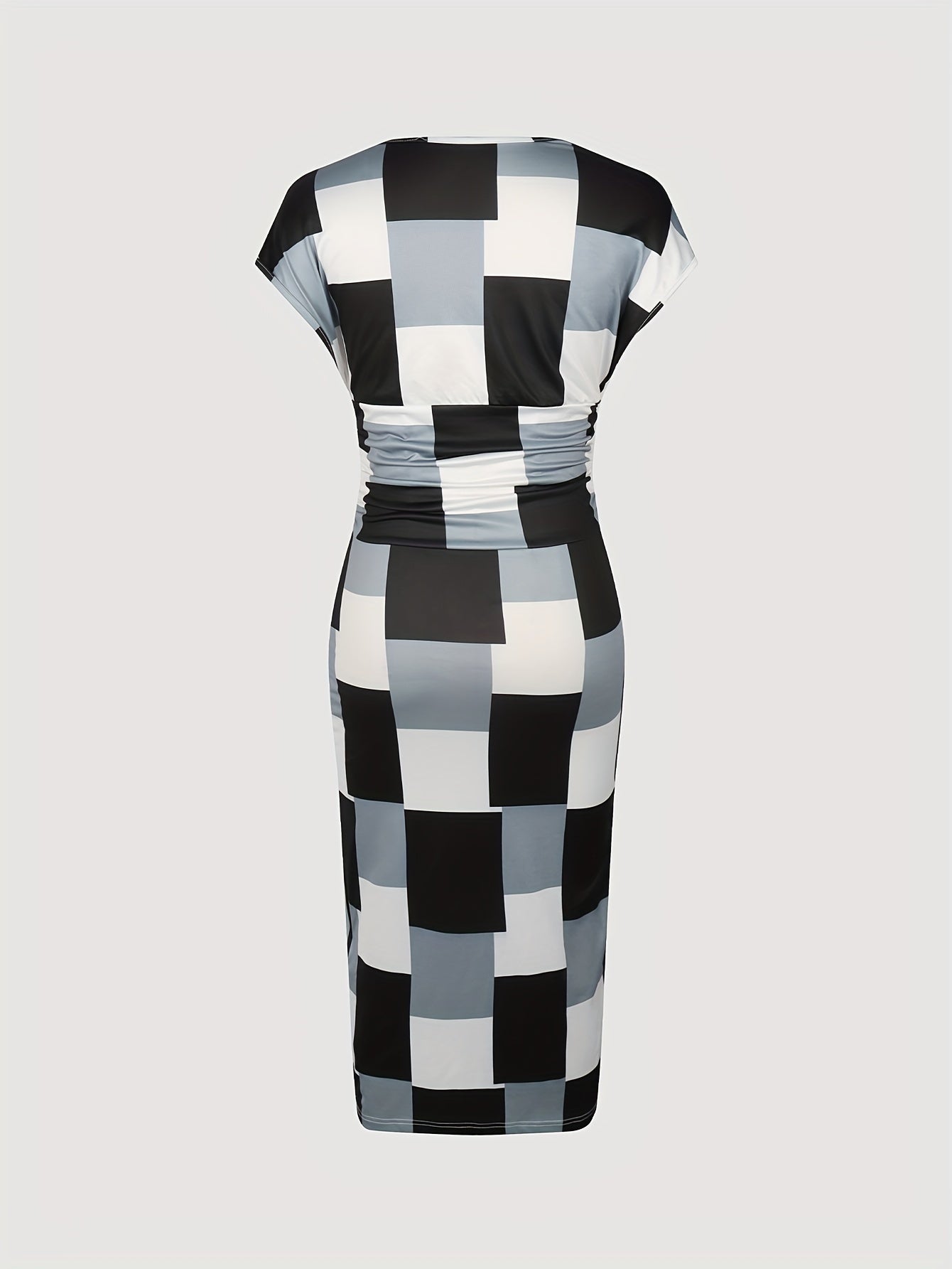 Patchwork Print V Neck Dress, Elegant Short Sleeve Dress