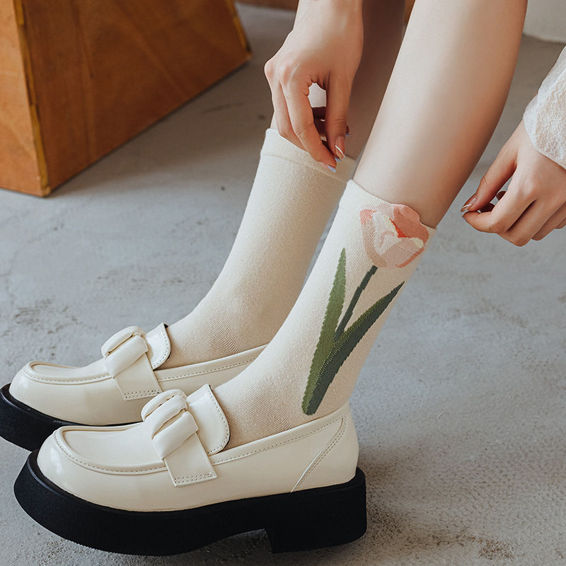 4pairs Floral Socks Set, Women Cute Flower Geometric 3D Textured Ankle Cotton Blend Cottagecore Lucky Socks