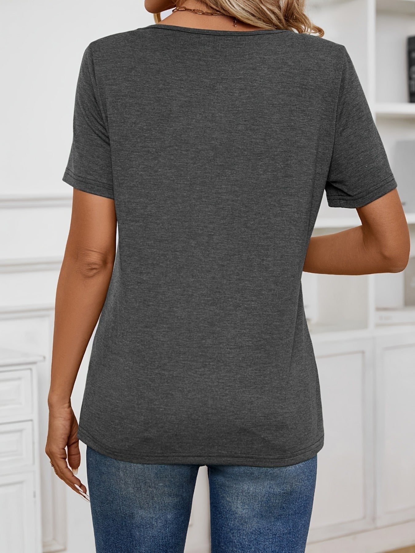 Button Decor Solid T-Shirt, Casual Crew Neck Short Sleeve Top