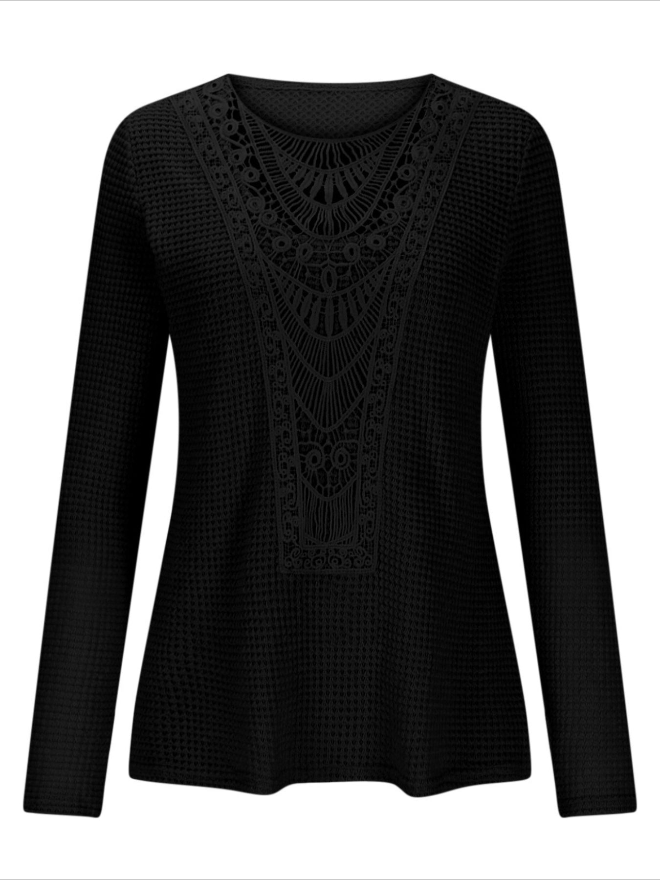 Pineapple Checked Lace Splicing Long Sleeve Solid Color T-shirt