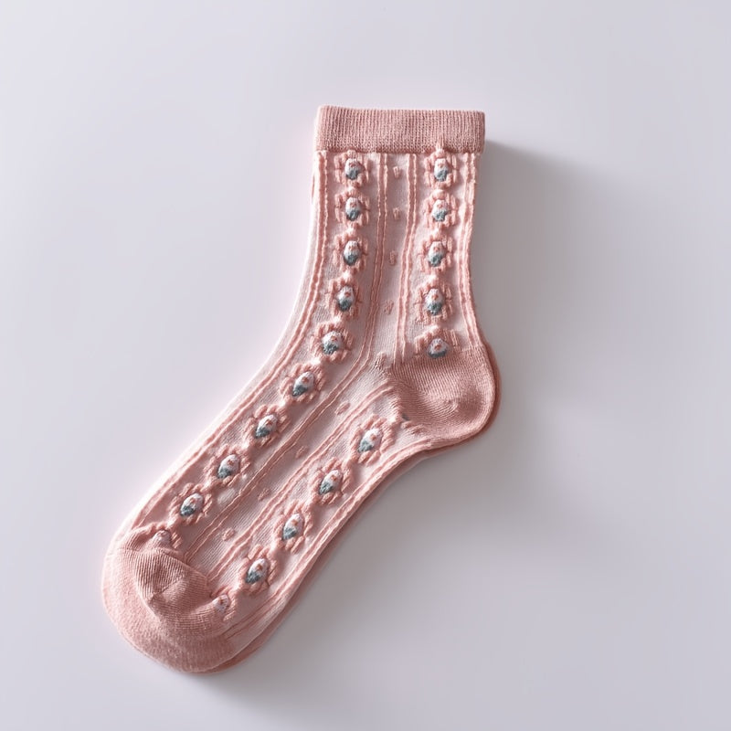 6 Pairs Flower Bubble Cable Crew Socks, Lightweight & Comfy Mid-tube Socks