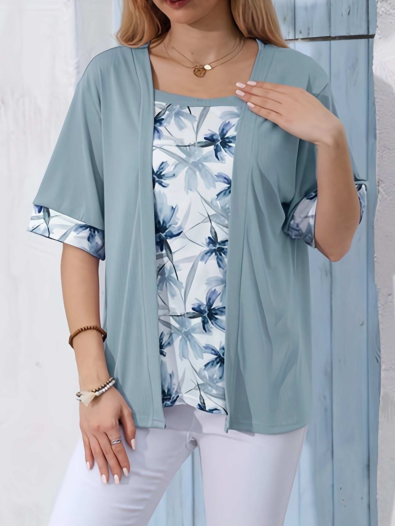 2-in-1 Floral Print T-shirt, Half Sleeve Square Neck Casual Top