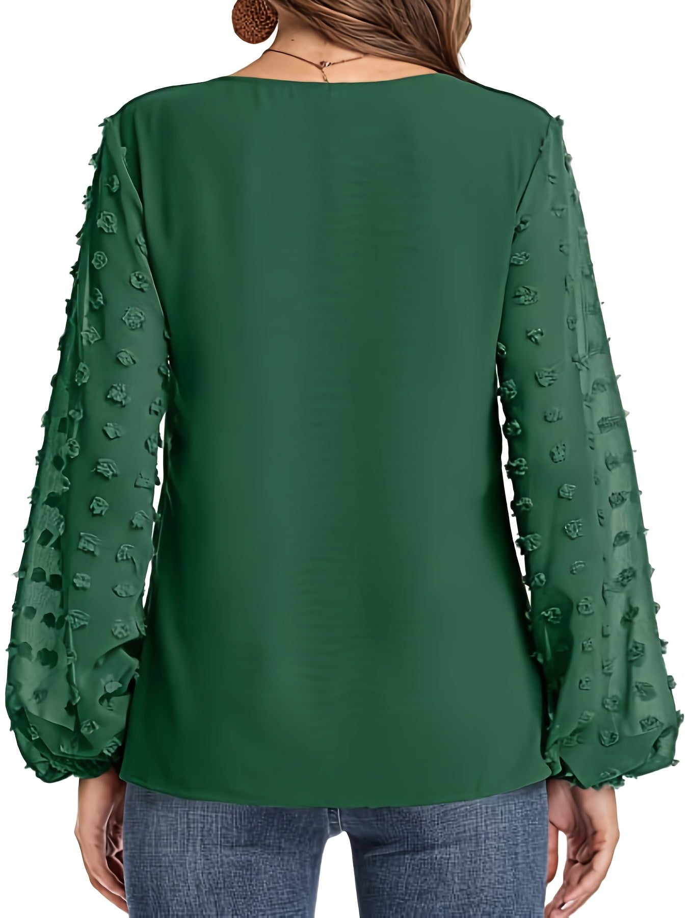 Swiss Dot Sleeve Shirt, Casual V Neck Solid Shirt