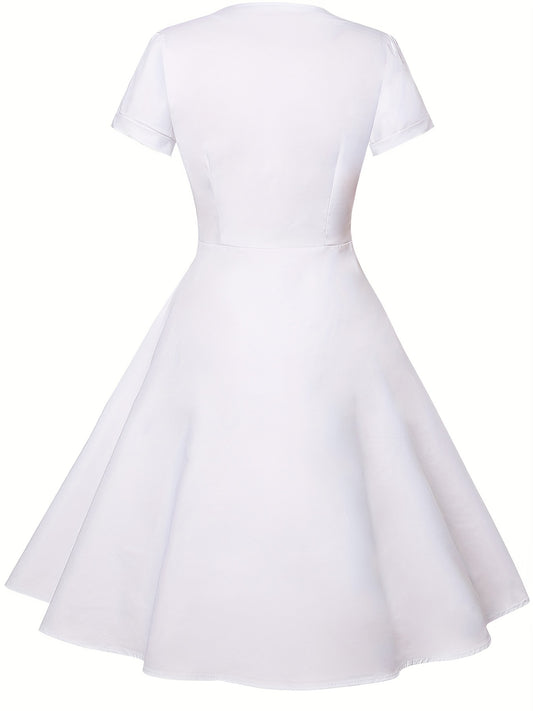Polka Dot Color Block Button Dress, Elegant Short Sleeve Dress