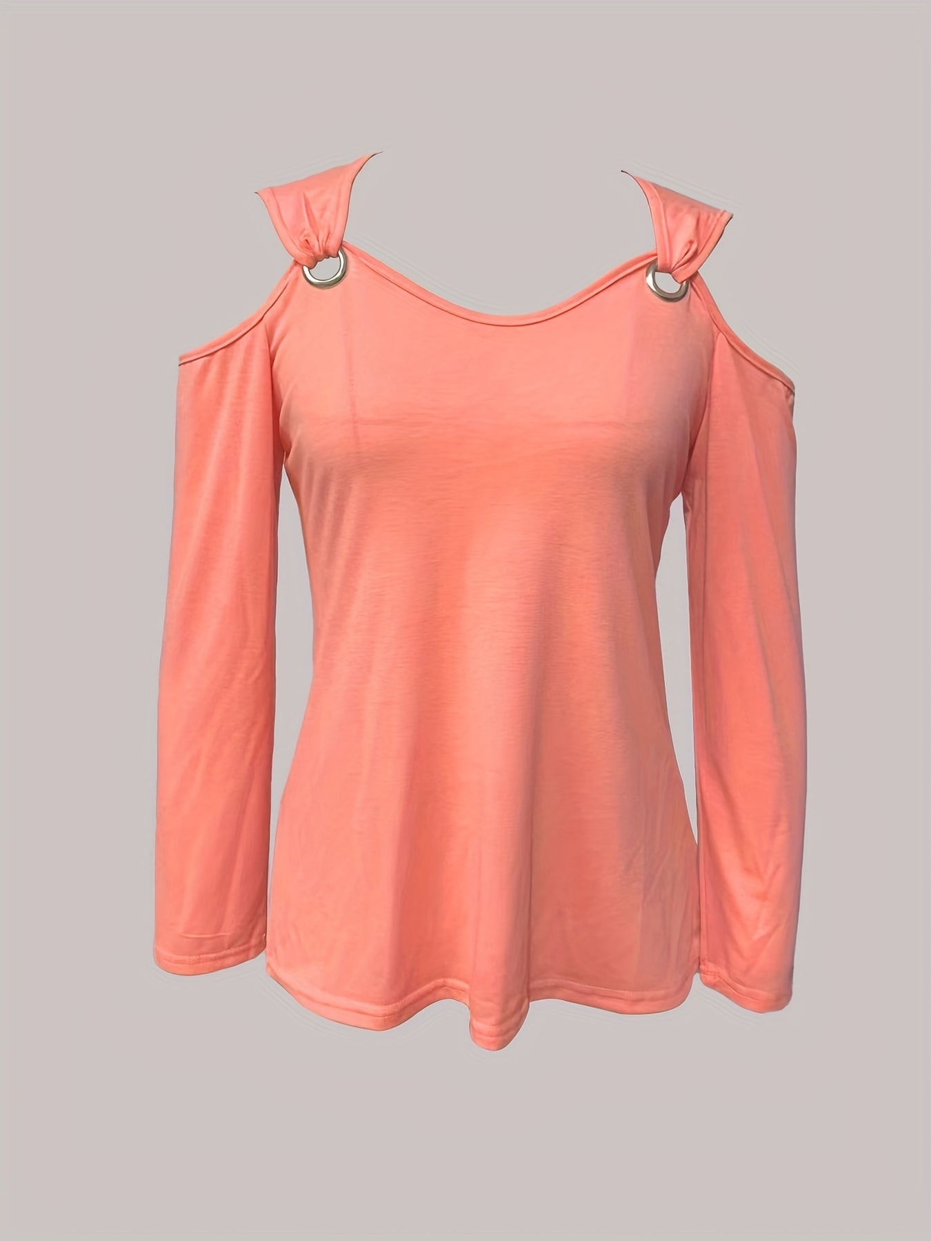 Solid Ring Detail Cold Shoulder T-Shirt, Casual Long Sleeve Top