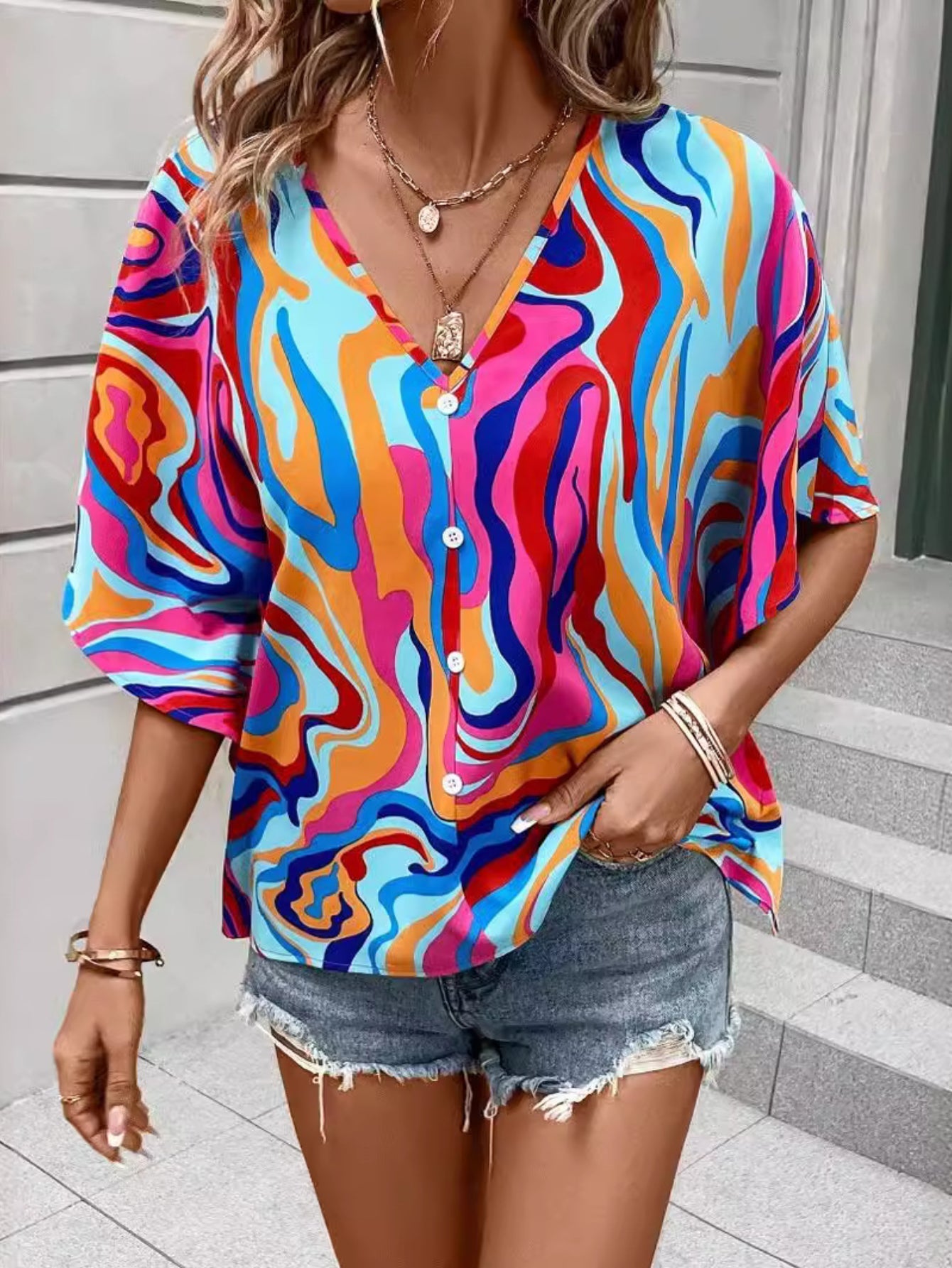 Floral Print V Neck Blouse, Elegant Short Sleeve Top