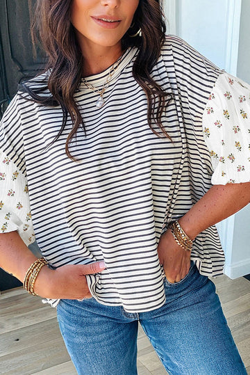 Black Stripe Floral Puff Sleeve Patchwork Round Neck Loose Top