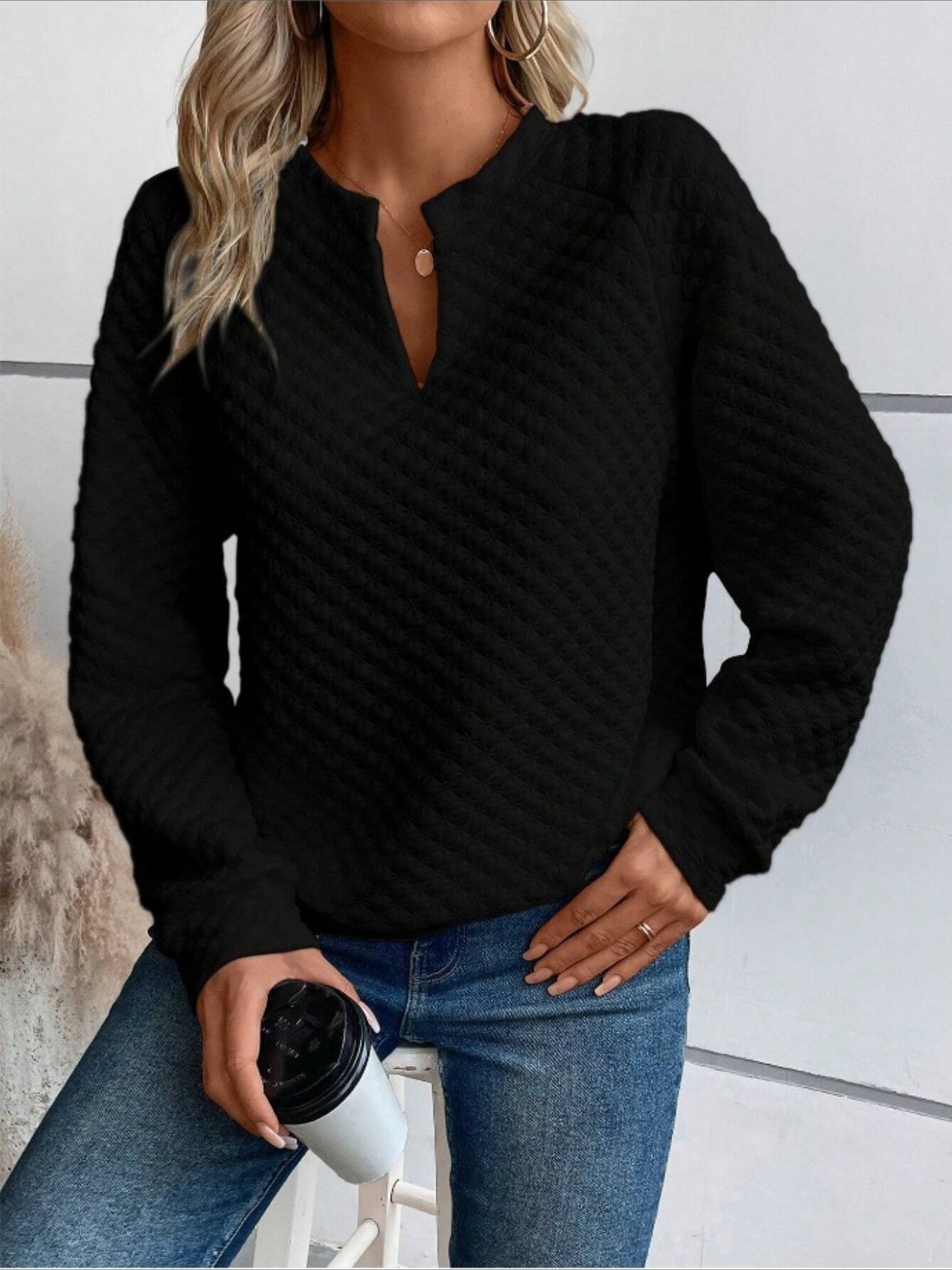 Cozy Textured Pullover Soft Long Sleeve Notch Neck Casual Sweatshirt