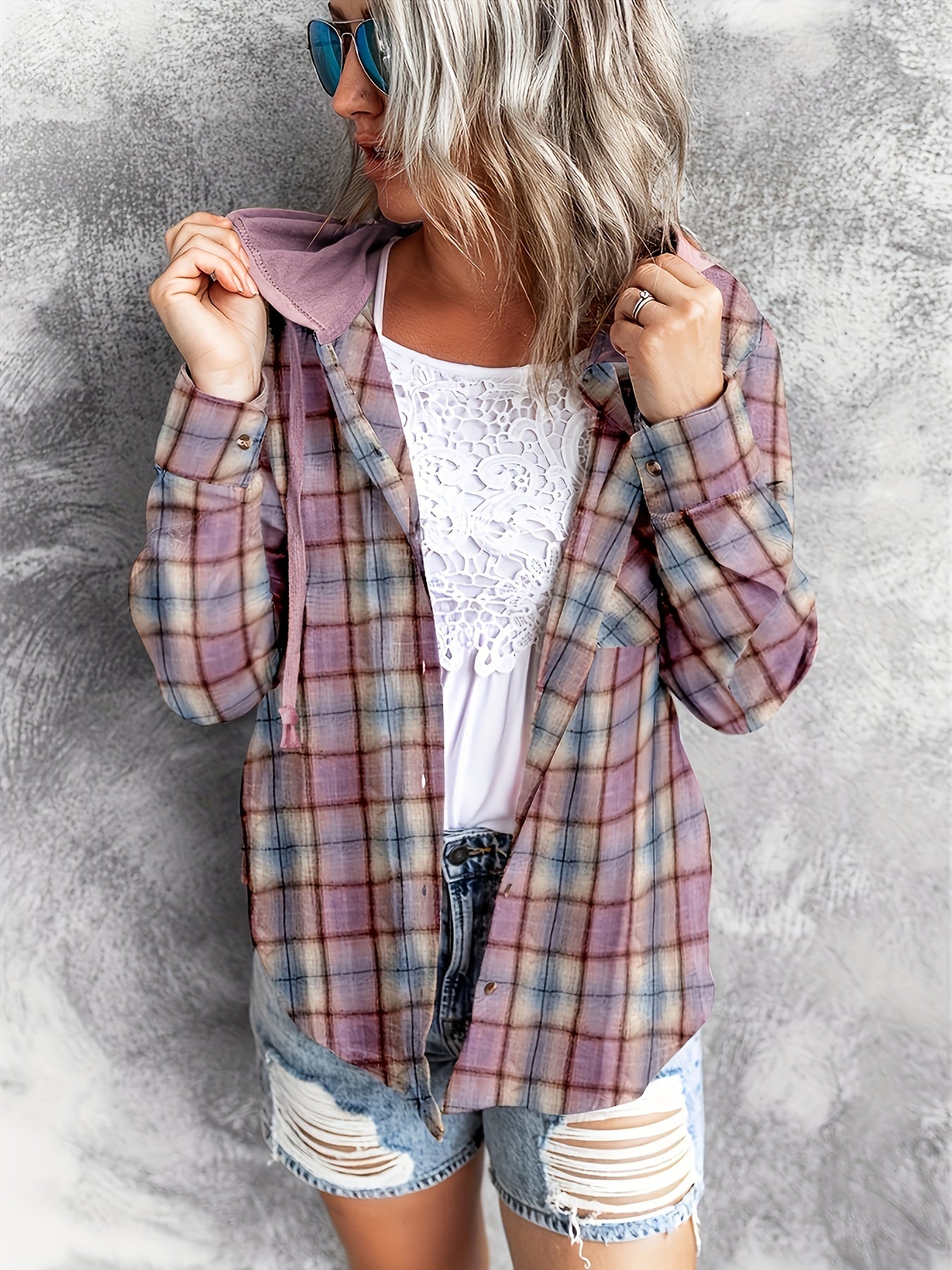Plaid Print Hooded Shirt, Casual Long Sleeve Drawstring Shirt