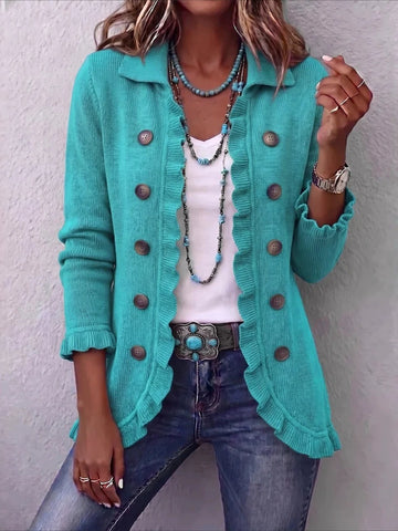 Solid Color Long Sleeve Ruffle Edge Button-knitted Cardigan