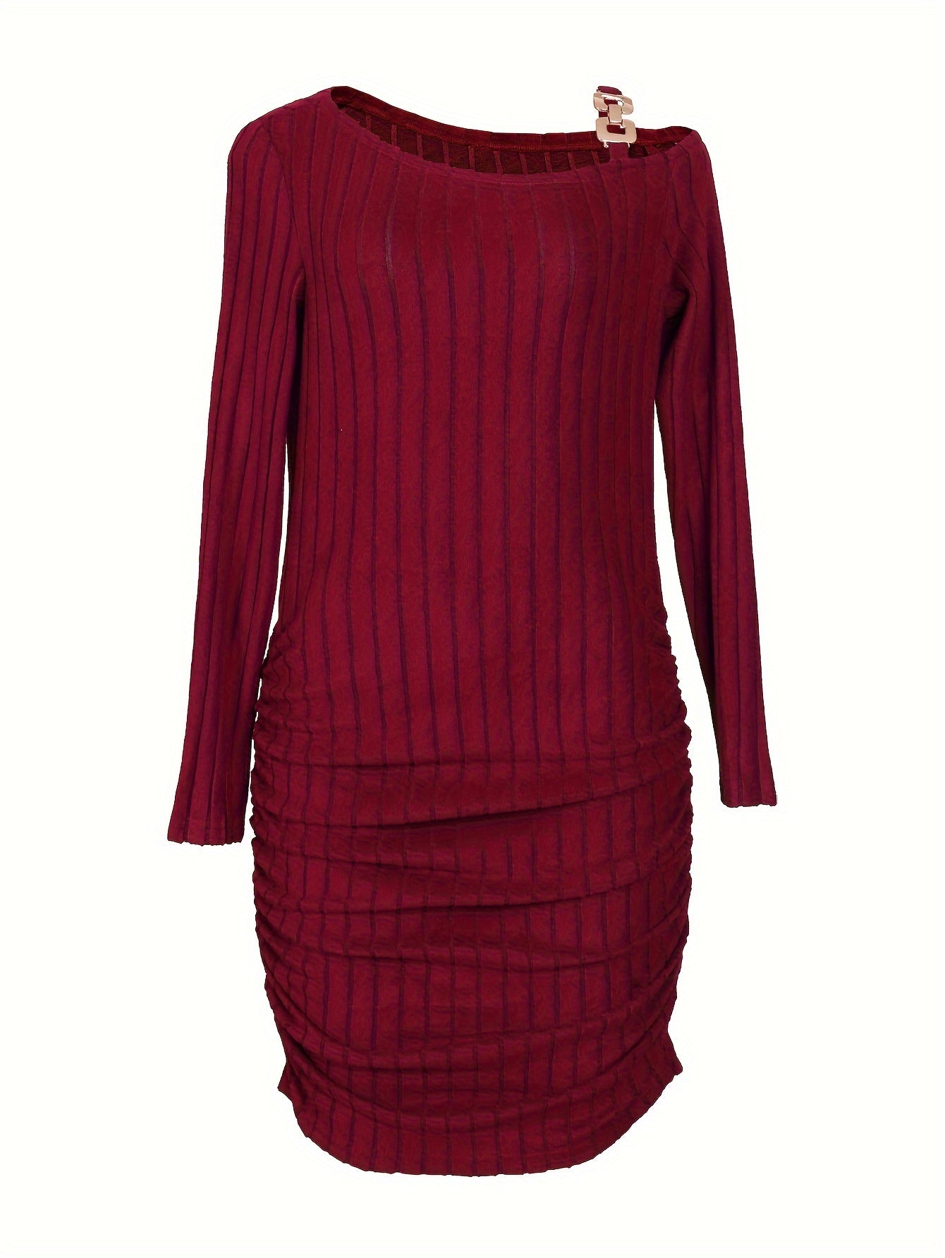 Ribbed Slanted Shoulder Chain Dress, Casual Solid Long Sleeve Bodycon Dress