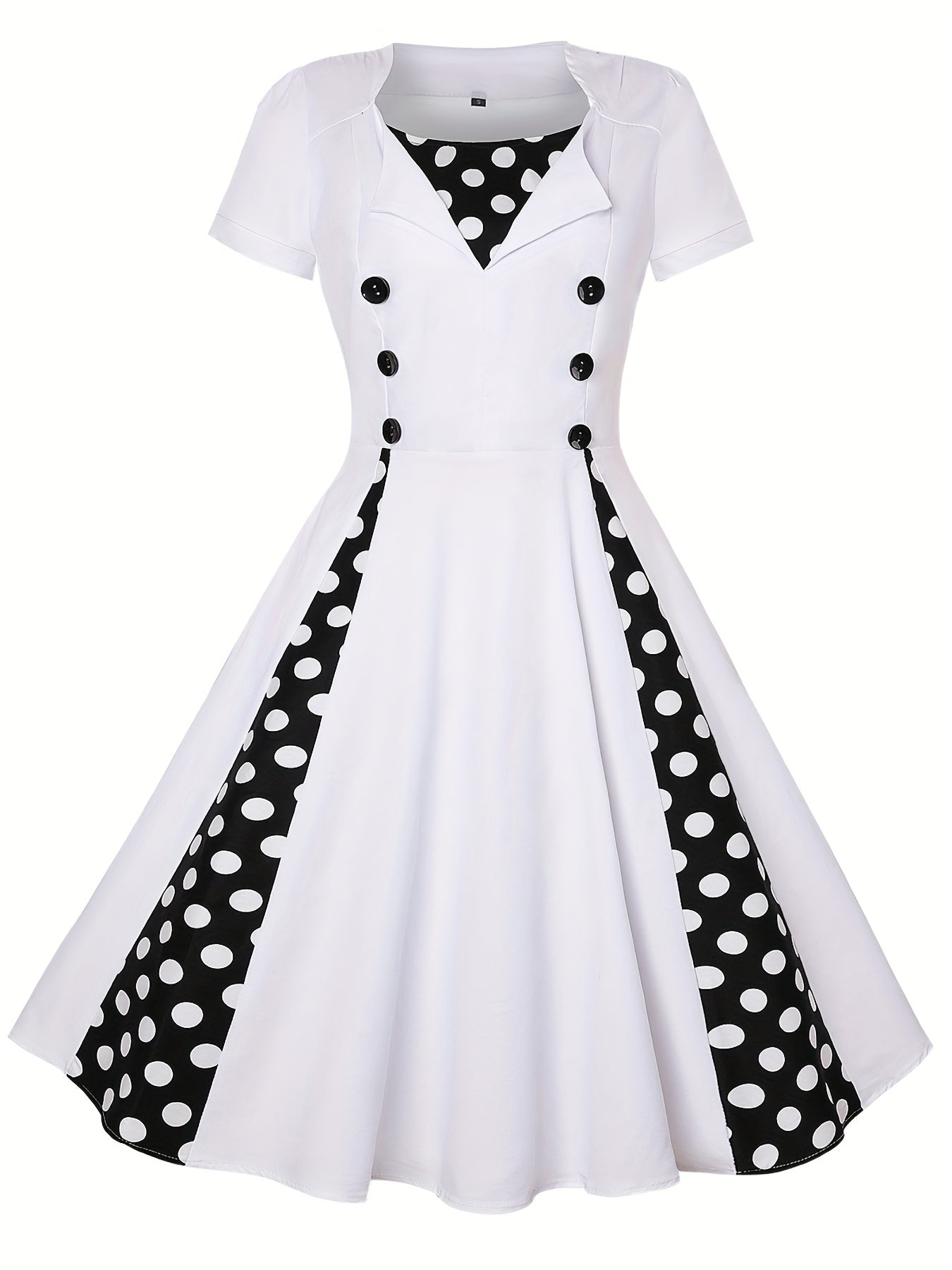 Polka Dot Color Block Button Dress, Elegant Short Sleeve Dress