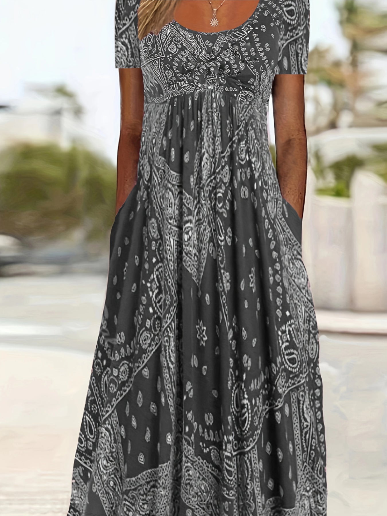 Print A-Line Short Sleeve Round Neck Dress with Pockets