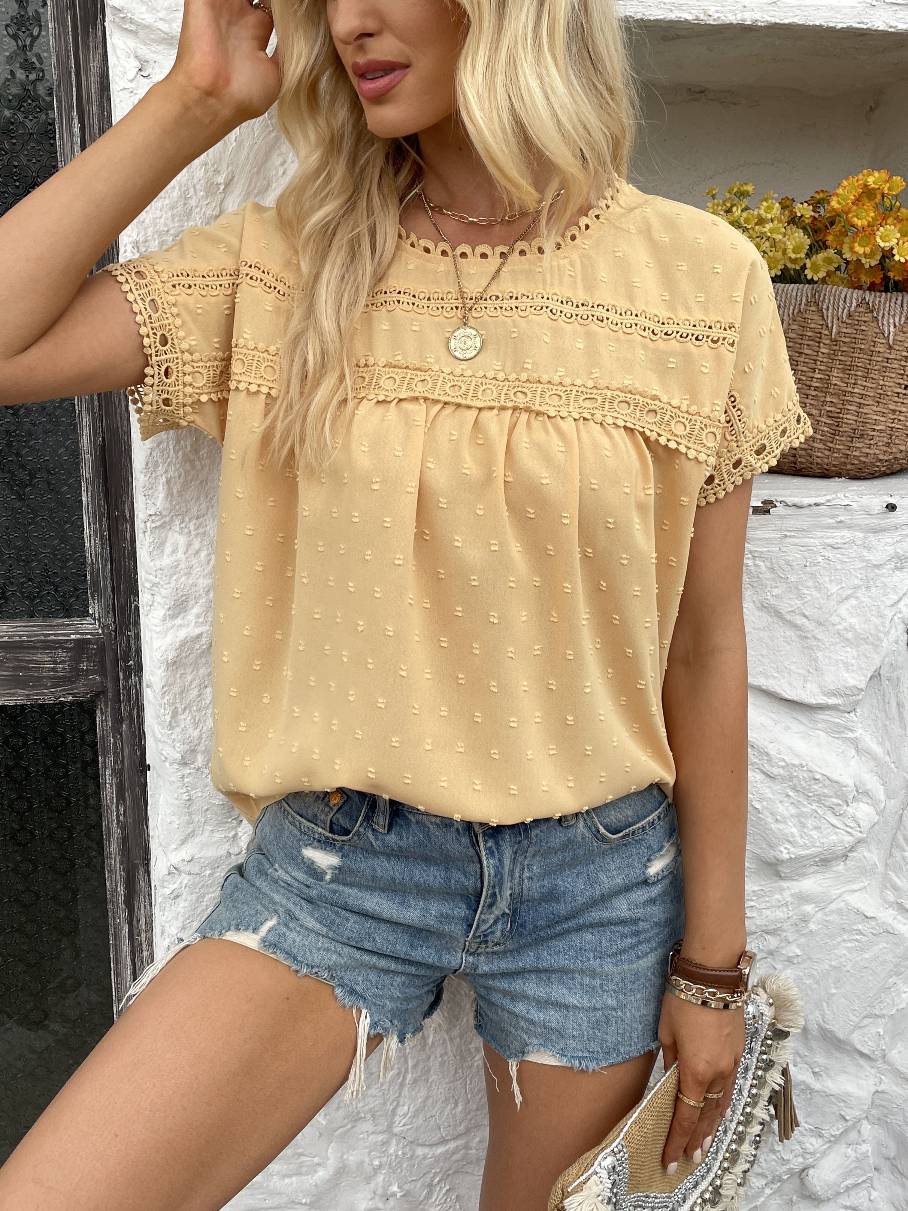 Women's Swiss Dot Embroidered T-Shirt, A Stylish and Comfortable Everyday Top