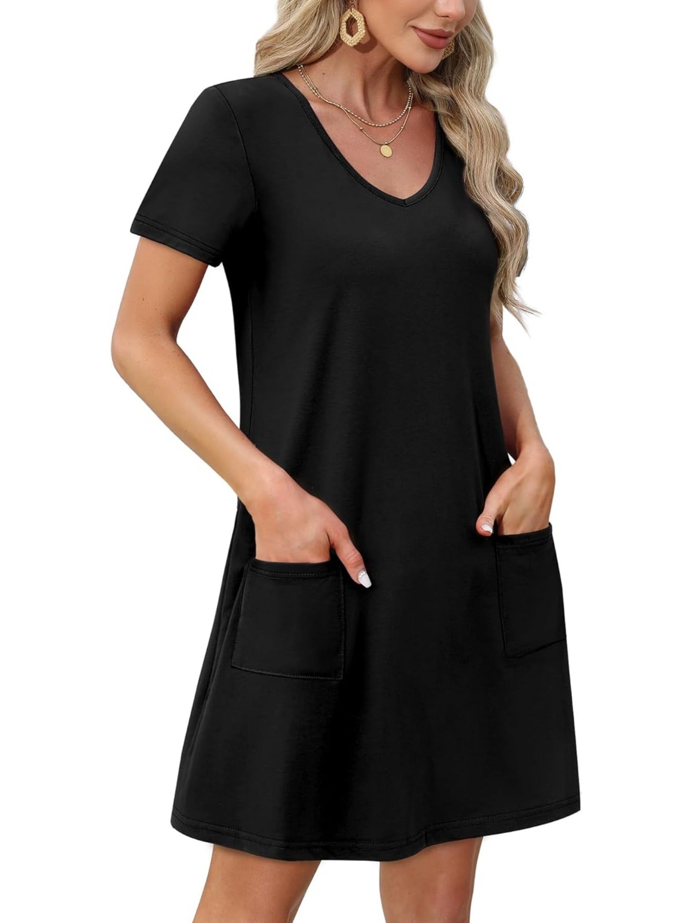 Loose V Neck Short Sleeve Casual T Shirt Dress