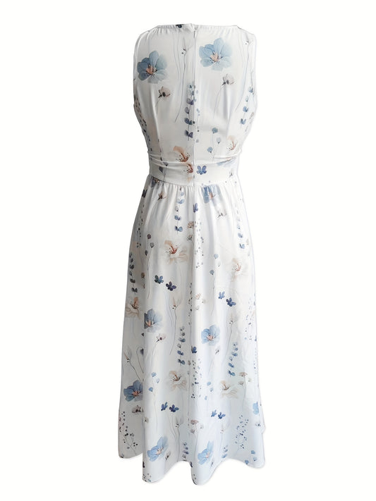 Floral Print Plunging Sleeveless Midi Dress - Women's Casual High Waist Clothing