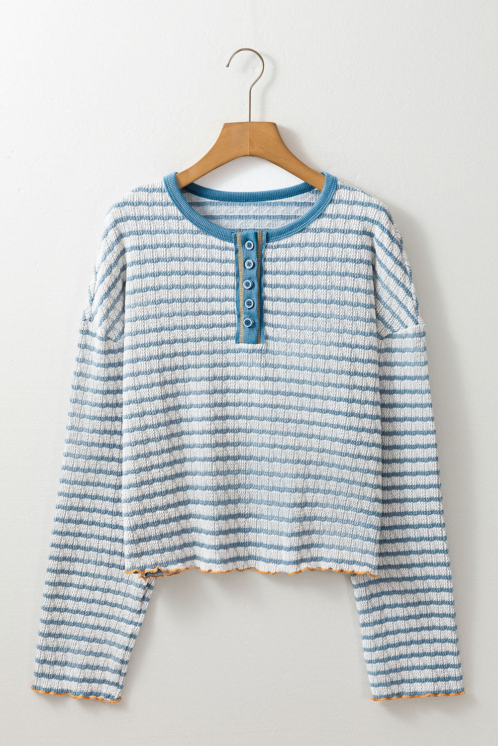 Sky Blue Stripe Textured Frilly Trim Buttons Henley Long Sleeve Top