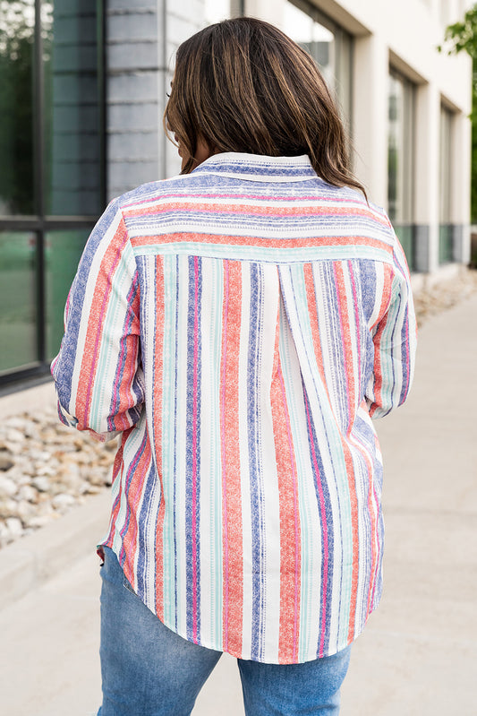 White Plus Size Striped Buttons Shirt