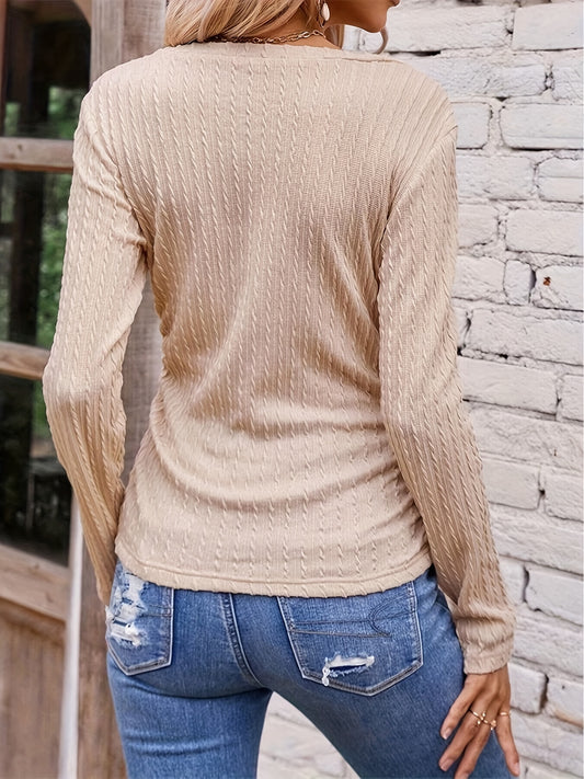 Twist Textured V Neck T-Shirt, Casual Long Sleeve Top