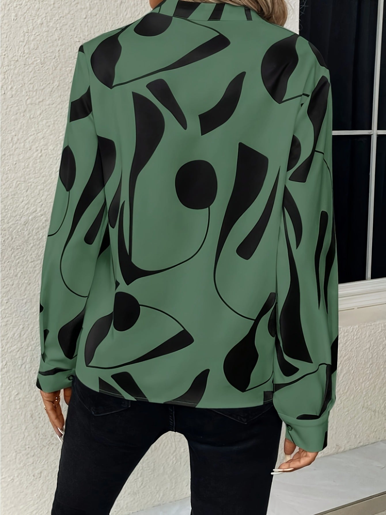 Long Sleeve Geometric Print Blouse - Elegant Notched Neck, Relaxed Fit