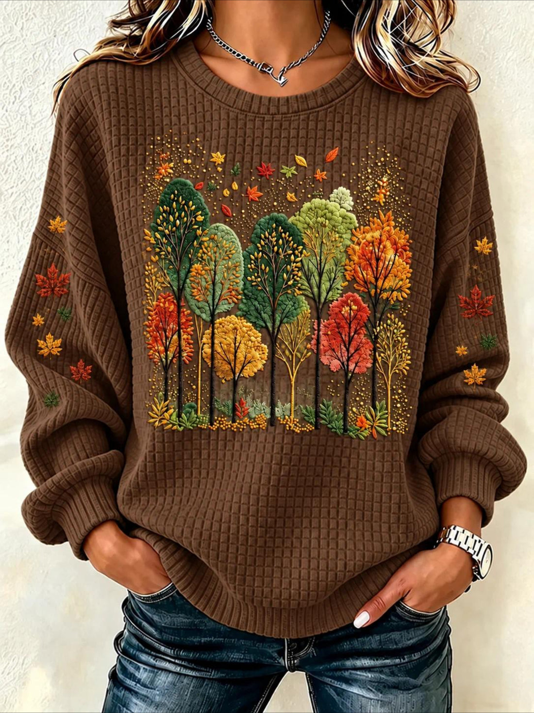 Maple Leaf Printing Casual Crew Neck Regular Fit Sweatshirt
