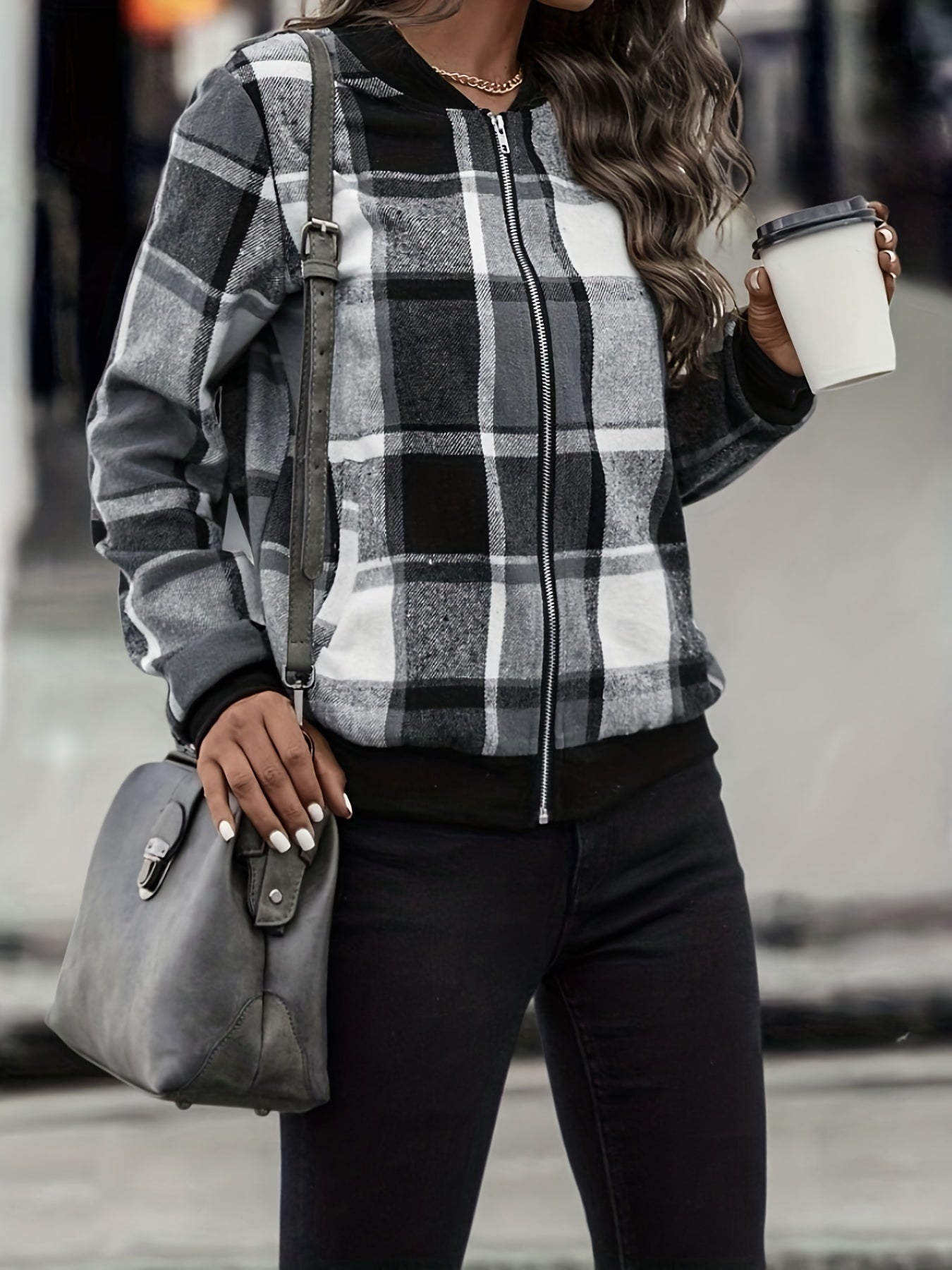 Plaid Print Bomber Jacket, Casual Zip Up Long Sleeve Outerwear